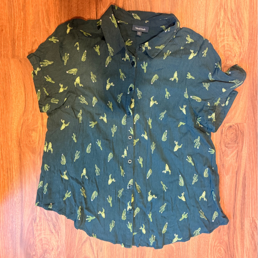 Modcloth Dark Green Cactus Print Button Down Short Sleeve Shirt